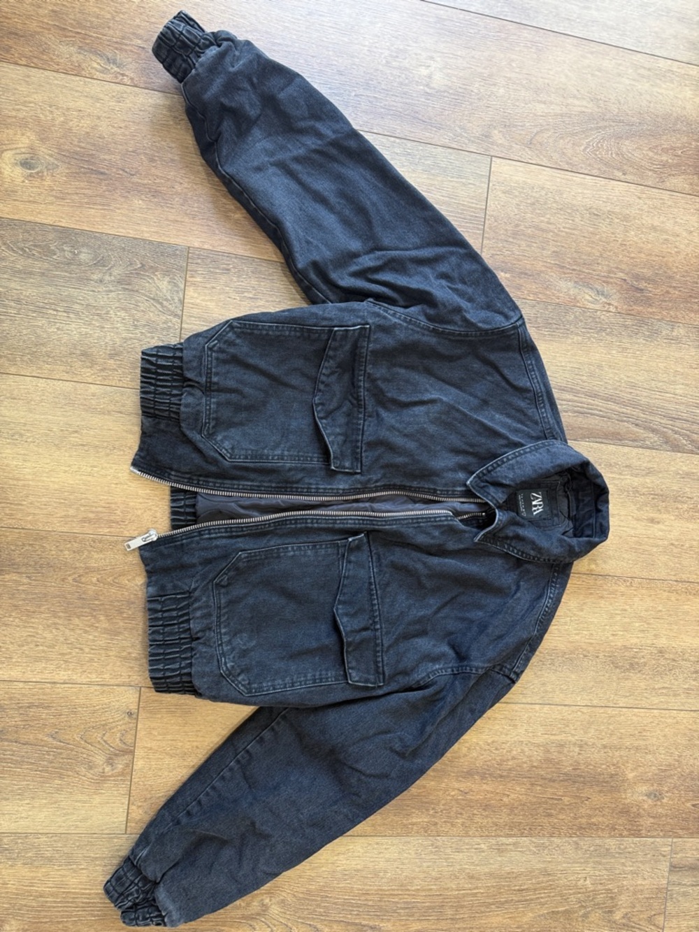 Zara Black Denim-Style Bomber Jacket